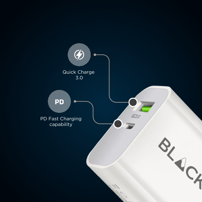 BLACK Power W 2 in 1 Fast Charging Brick 18W with USB A and C, 1Yr warranty BLACK Power W 2 in 1 Fast Charging Brick 18W with USB A and C, 1Yr warranty